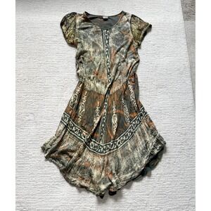 Vintage Advance Apparels Cotton Tie Dye Dress Orange Olive Free Size Boho Hippie